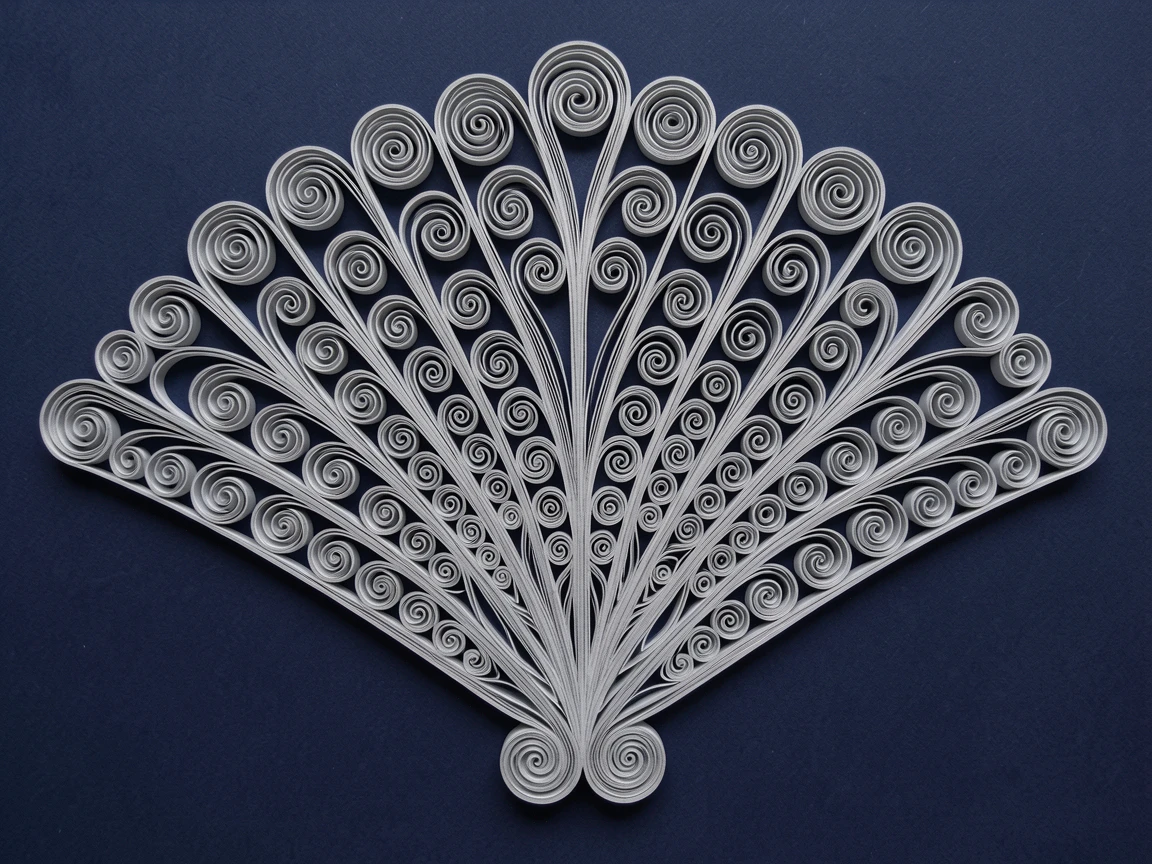 An elegant design featuring an art deco fan motif with fanning symmetrical lines, built up in graduated layers of increasing size, in soft monochrome tones of dove grey, displayed against a deep navy backdrop.