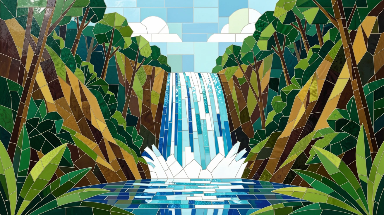 A dramatic waterfall cascading through a lush green rainforest canyon.