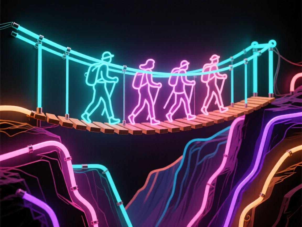 A group of hikers crossing a suspension bridge over a canyon.