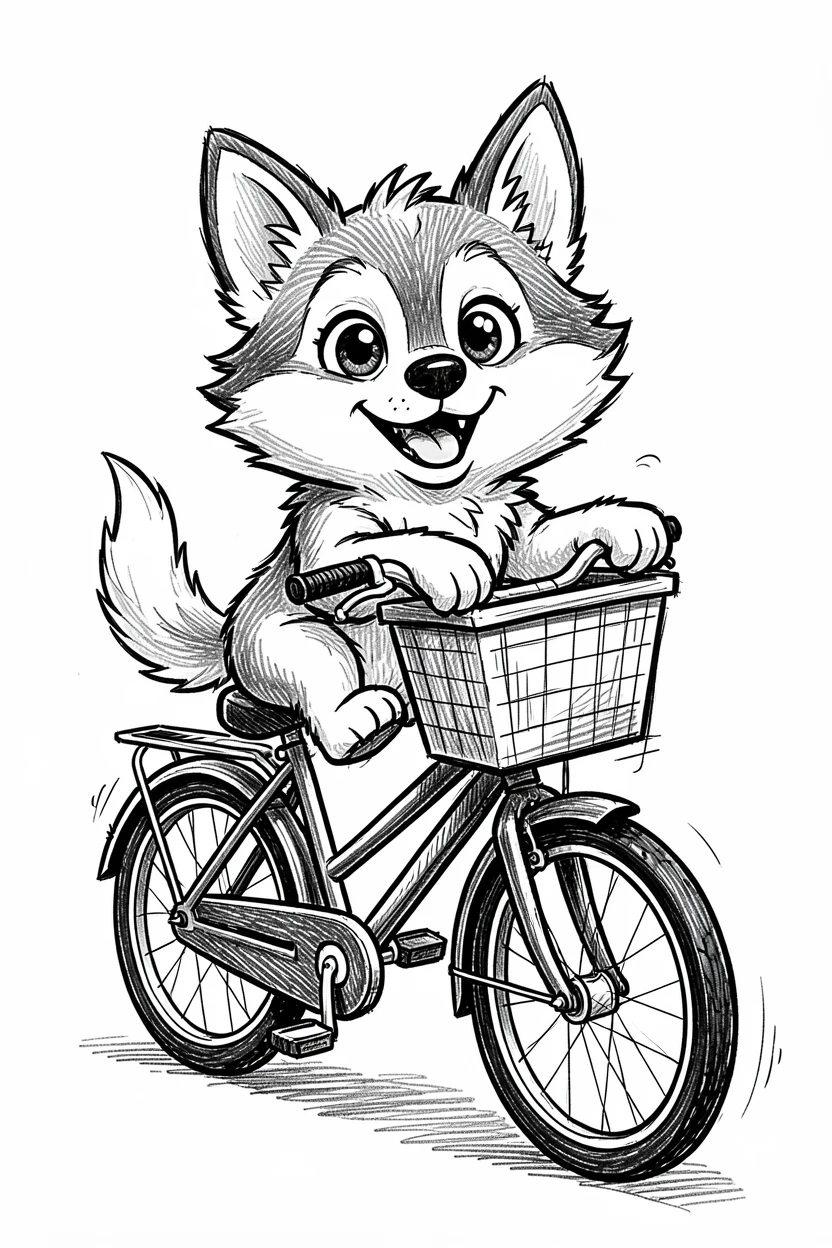 A husky puppy riding in a bicycle basket.