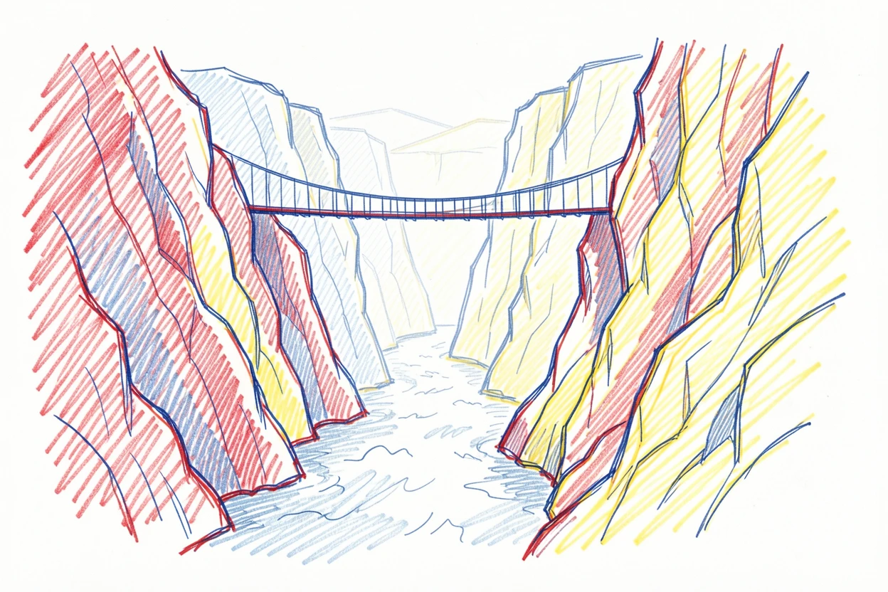 A dramatic river gorge with a single rope bridge crossing high above rushing water