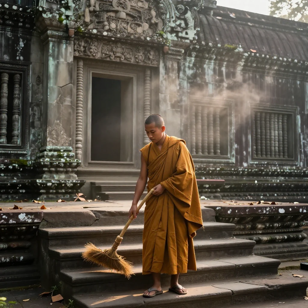 A monk sweeps the steps of a centuries-old temple as morning mist clears around him.
