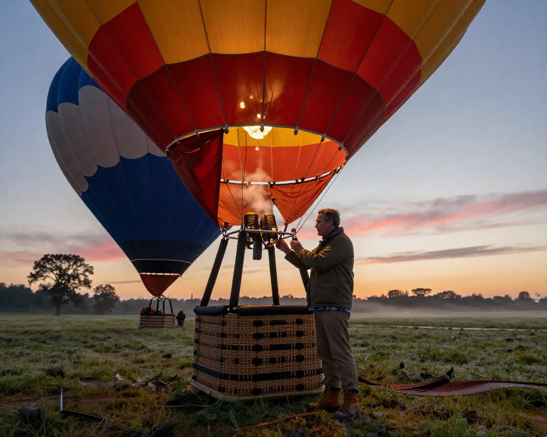 A hot air balloon pilot preparing for a dawn launch