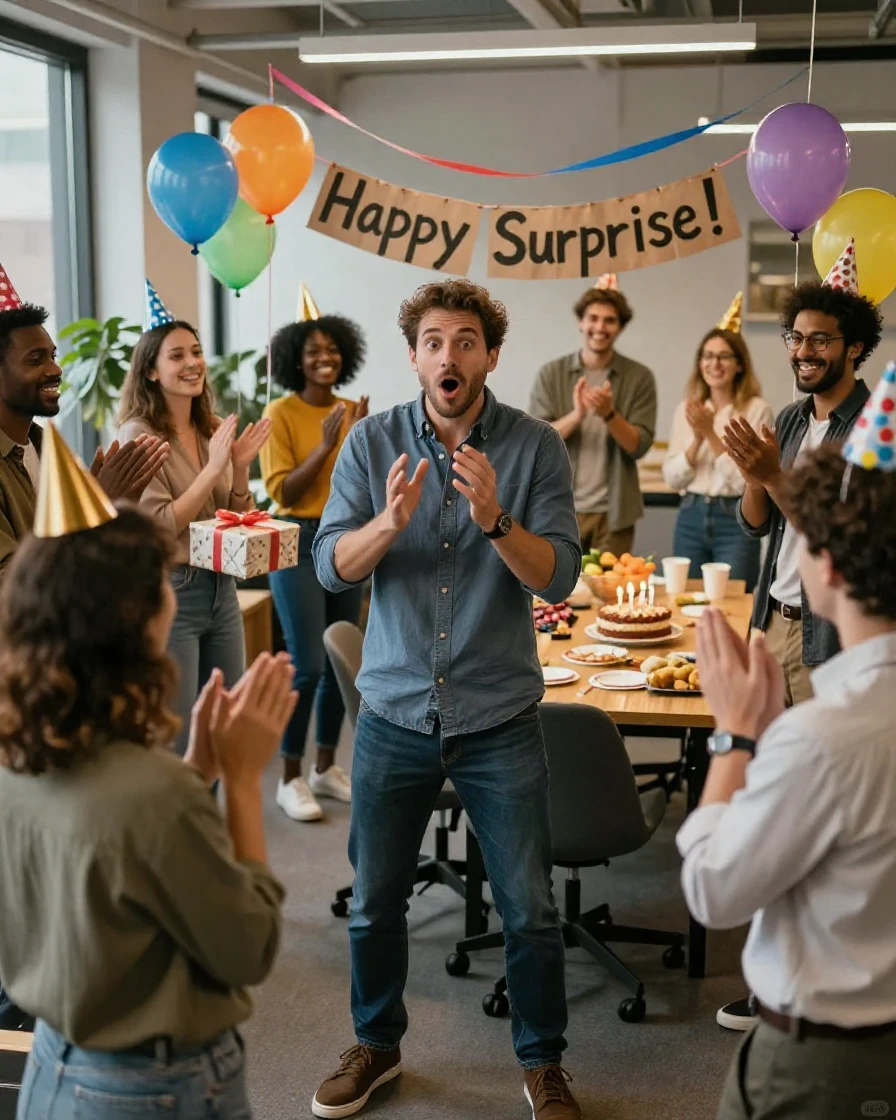 A man's face lights up in surprise at a surprise party thrown by his coworkers.