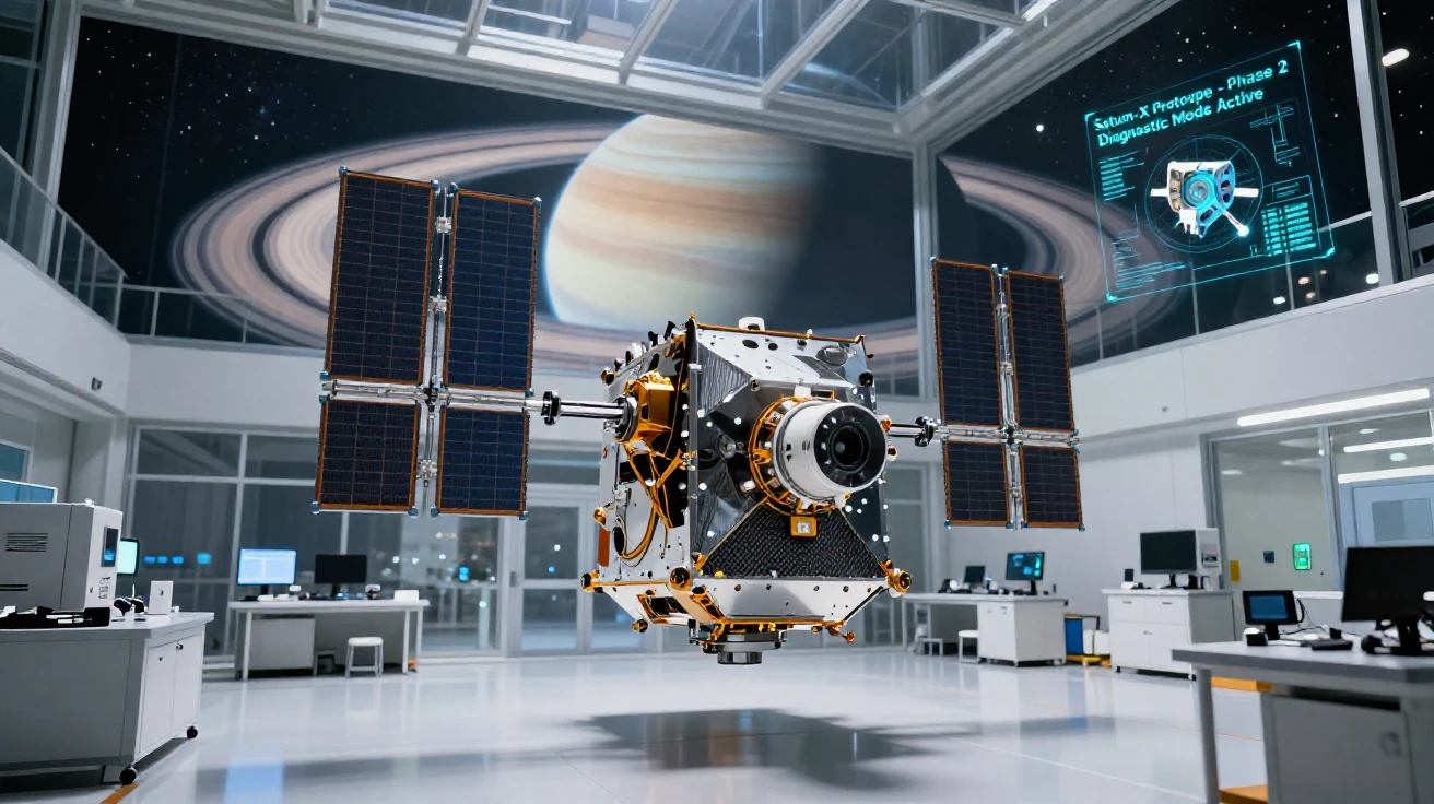 An orbiting satellite testing new technology in a sterile lab beneath the rings of a distant planet