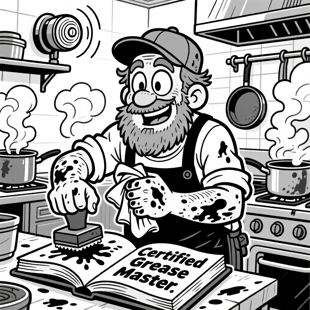A gruff but kind mechanic wiping grease off his hands, stamping a book with dramatic force, set in a bustling restaurant kitchen filled with steam. A siren light spins in the background. There's pride and humor woven into the moment.