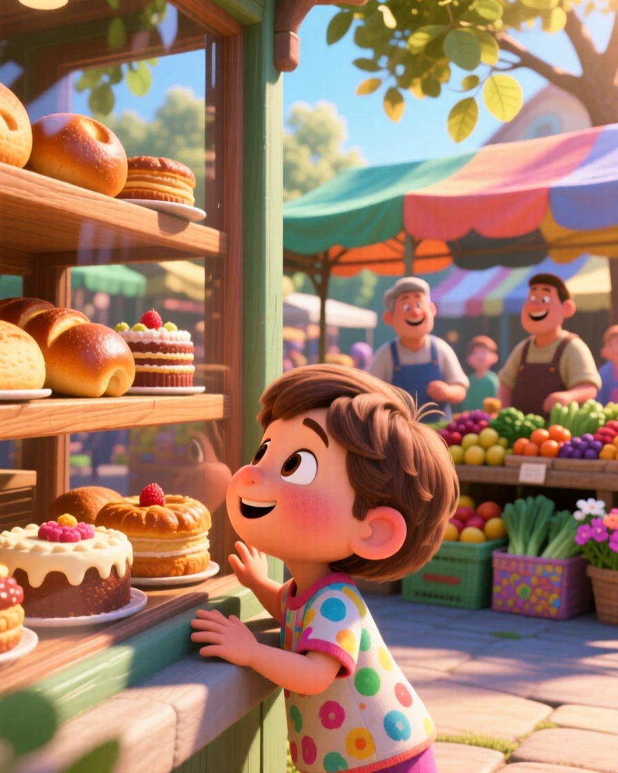 A child pressing their nose against a bakery window is captured at a sunny farmers market bustling with vendors, with a light breeze stirring nearby leaves. A simple contentment radiates through the scene.