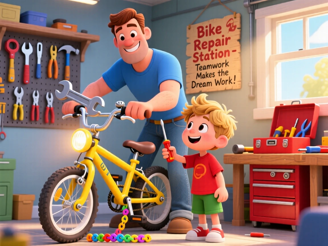 A father and son fixing a bicycle together in the garage.