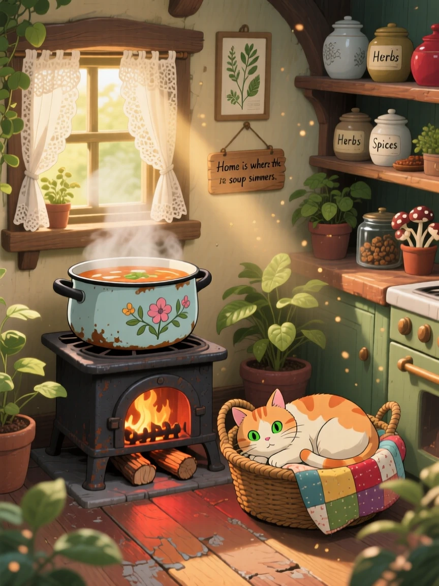 A warm, inviting scene of a steaming pot of soup simmering on a wood stove, with a cat dozing beside the display.