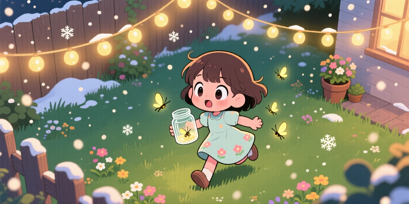 In a warm summer backyard at dusk, a little girl in a sundress is chasing fireflies in a jar amid softly falling snow, bathed in warm fairy-light glow, expression full of gentle surprise. Shot as a bird's-eye view.