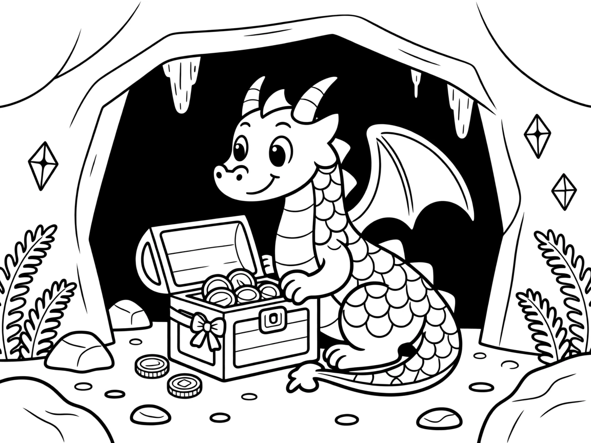 A friendly dragon curling around a treasure chest in its cave