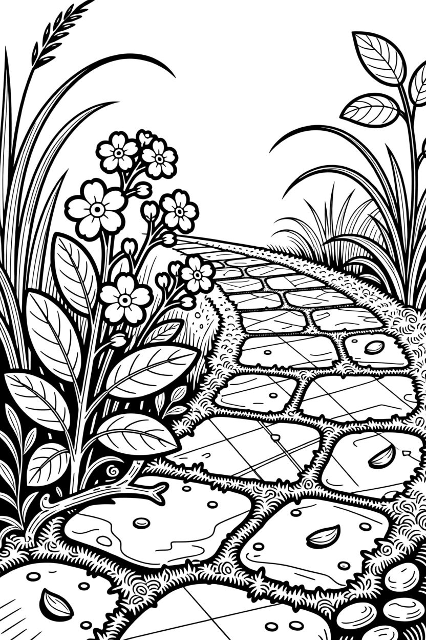 A patch of forget-me-nots growing along a mossy stone path.