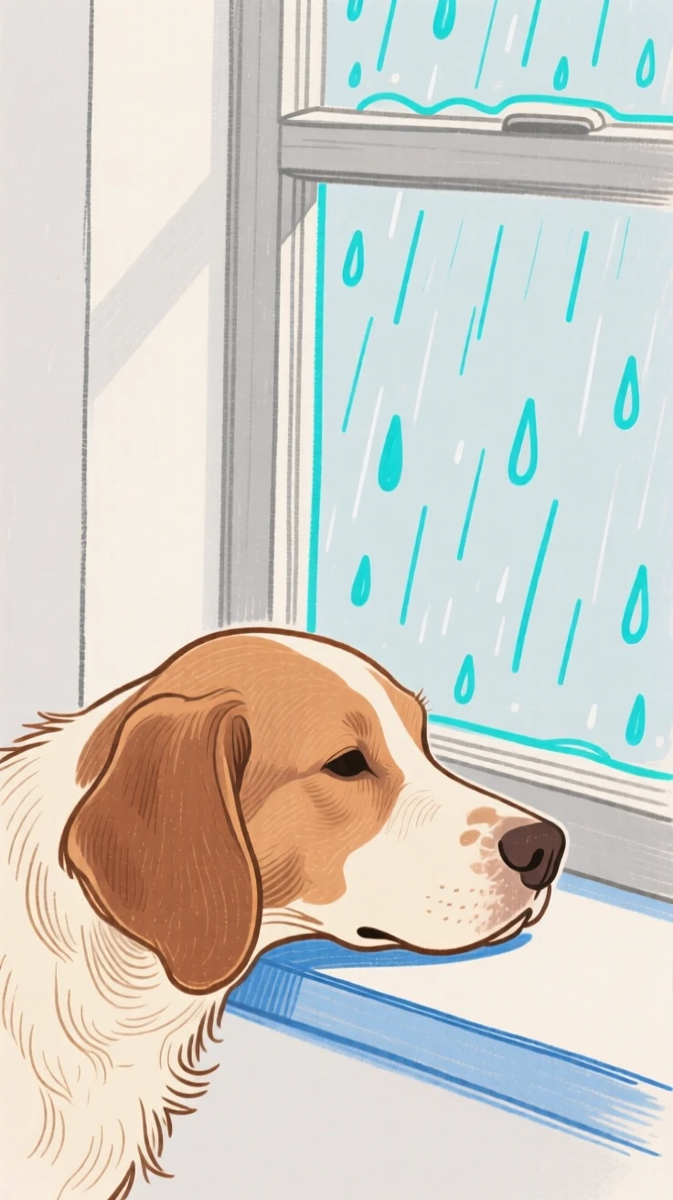 A dog resting its head on a windowsill watching the rain.