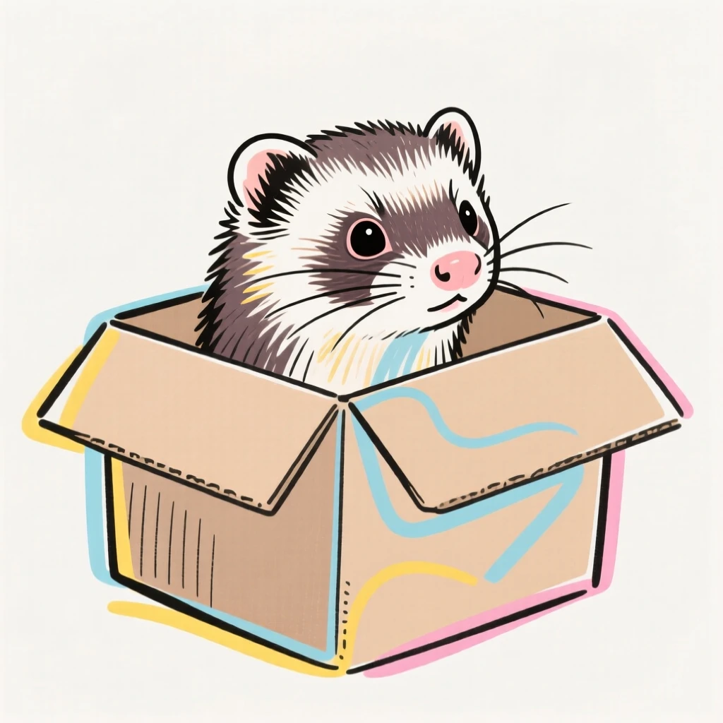A ferret peeking curiously out of a cardboard box.