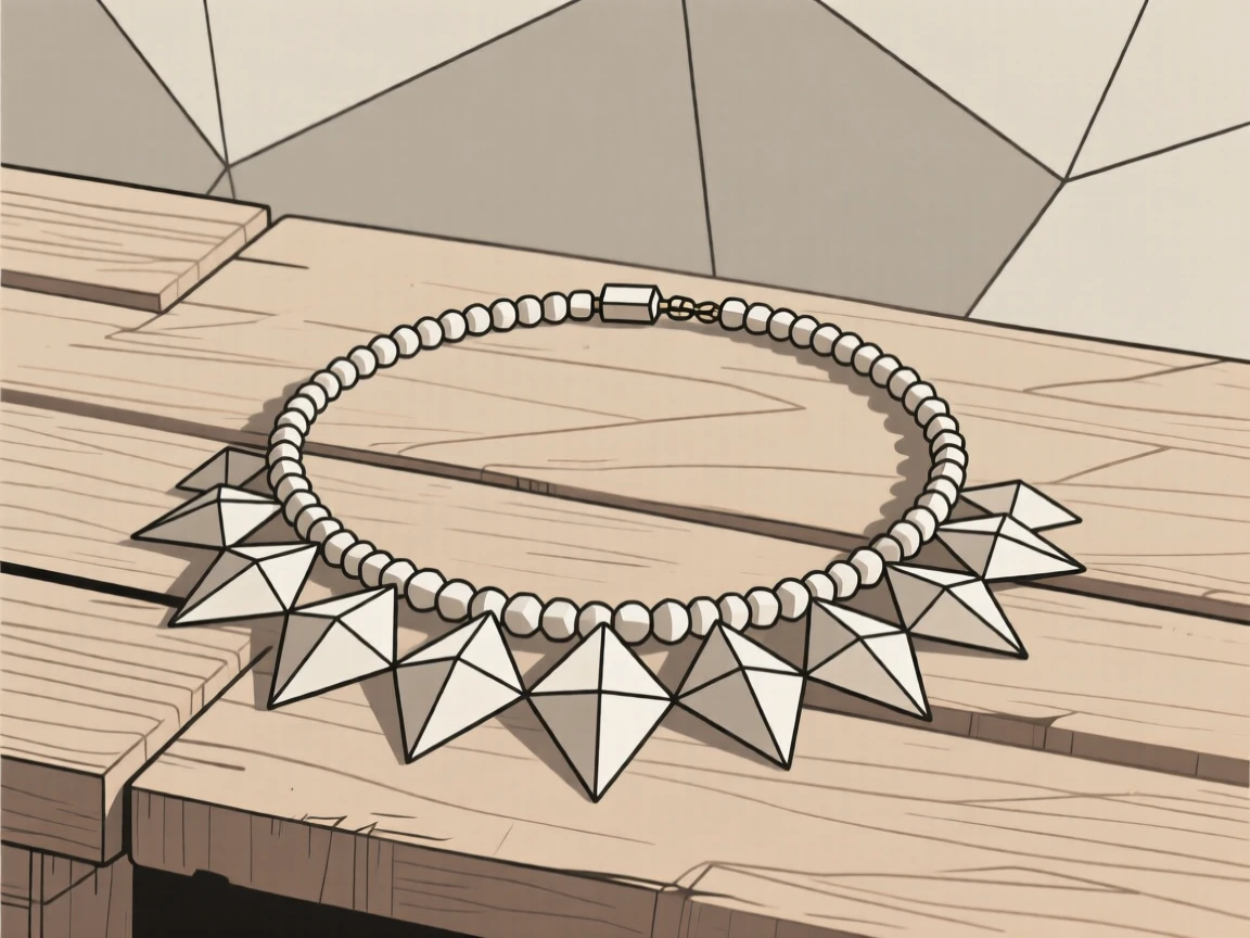 A beaded tribal necklace displayed on wood