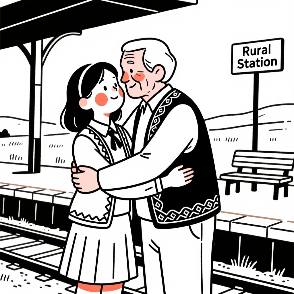 A high school student of Iranian heritage wearing a Turkish embroidered vest, sharing a tender embrace, at a rural train station.