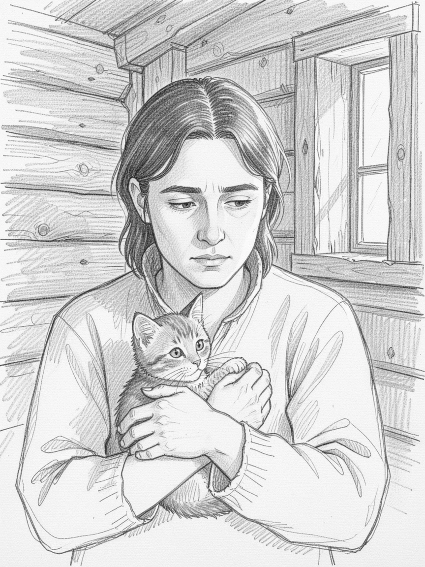 Intimate close-up of a thoughtful poet inside an old wooden cabin, cradling a small kitten.