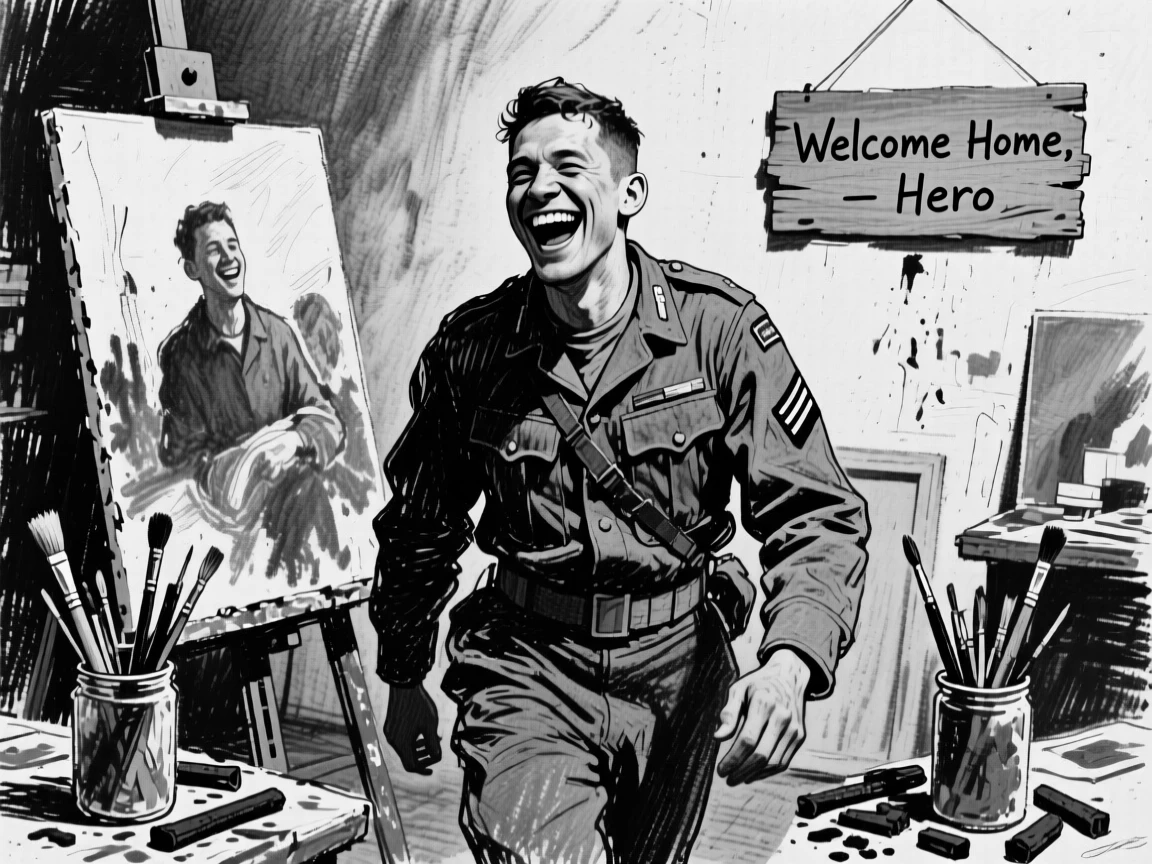A soldier returning home caught mid-laugh at a shared joke, in an artist's studio.