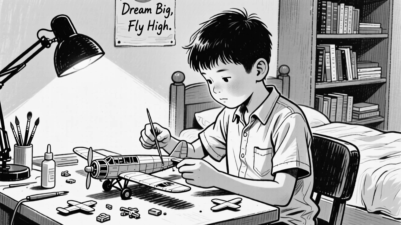 A boy carefully assembling a model airplane at his bedroom desk.
