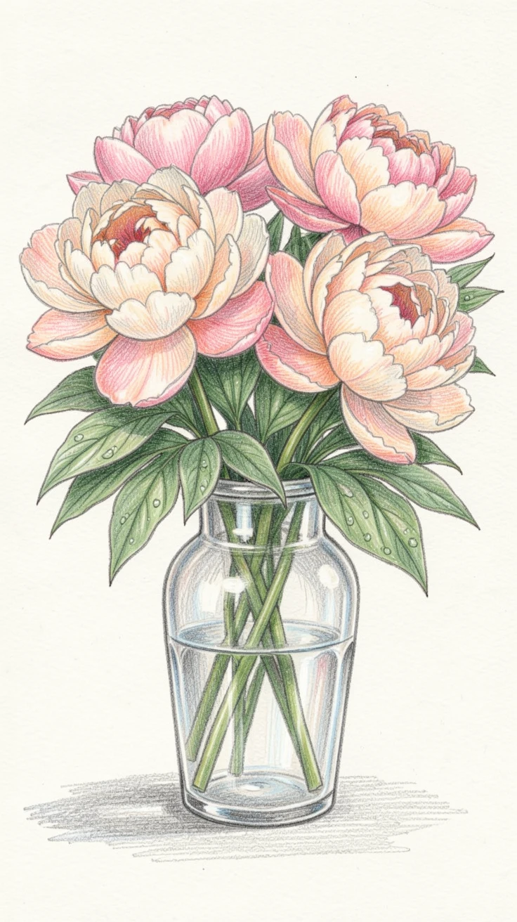 A bouquet of peonies arranged in a vintage glass vase, with delicate petals catching gentle morning light, celebrating nature's delicate artistry.