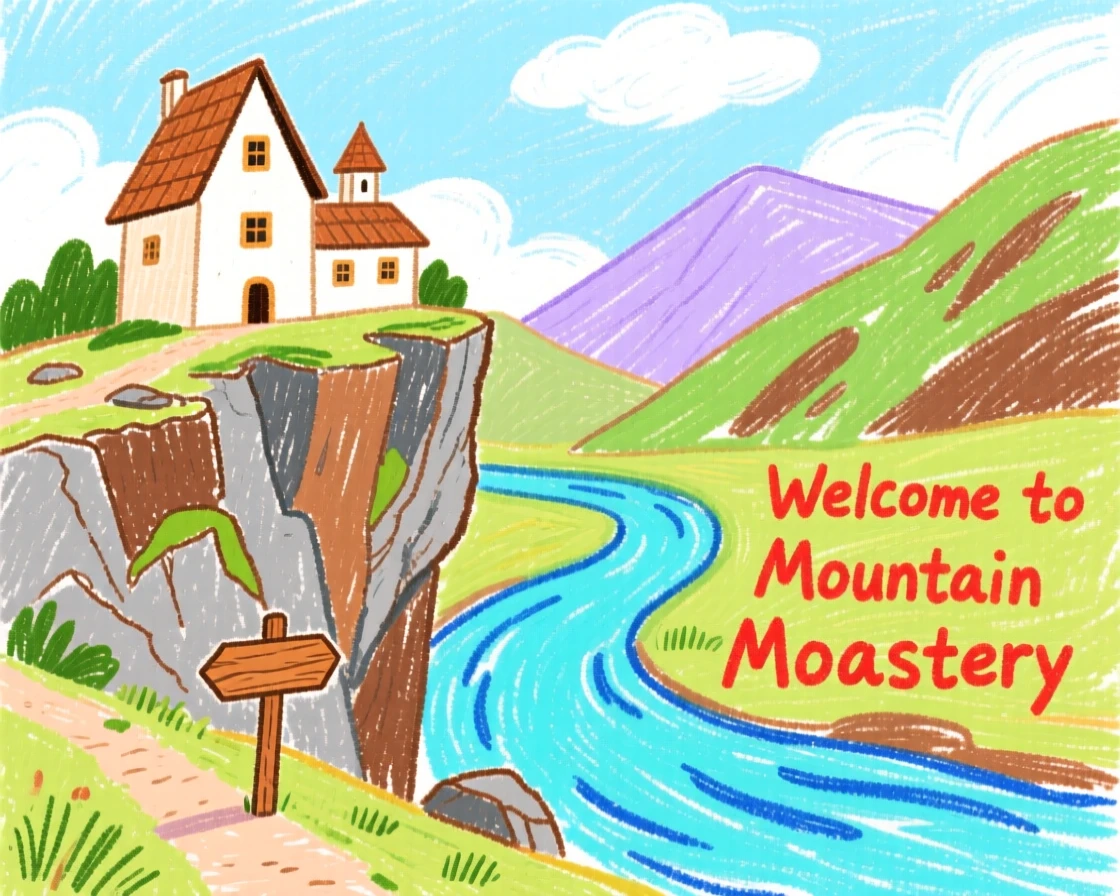 A mountain monastery perched above a quiet winding river.