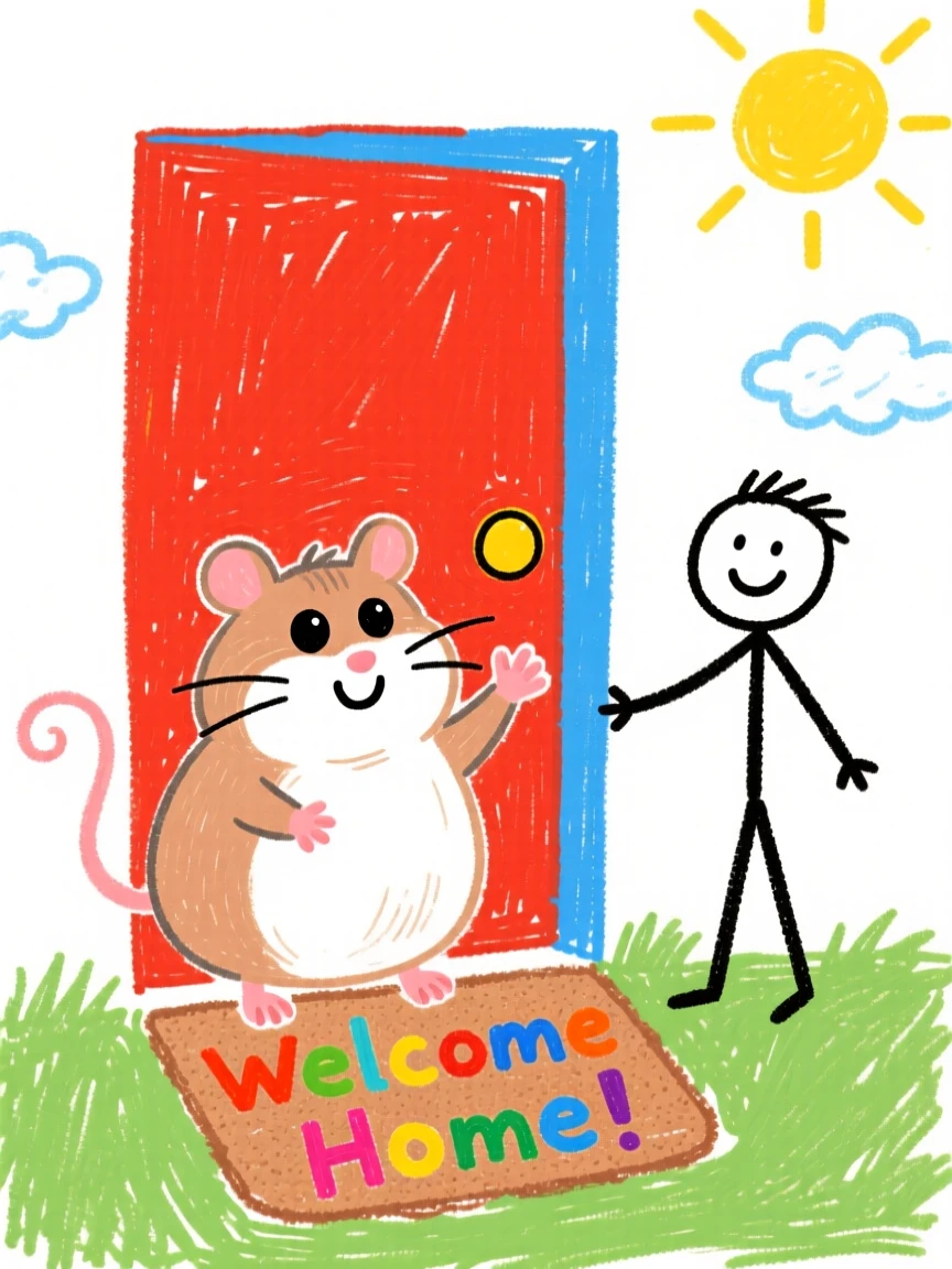 A chubby hamster greeting its owner at the front door with a wagging tail.