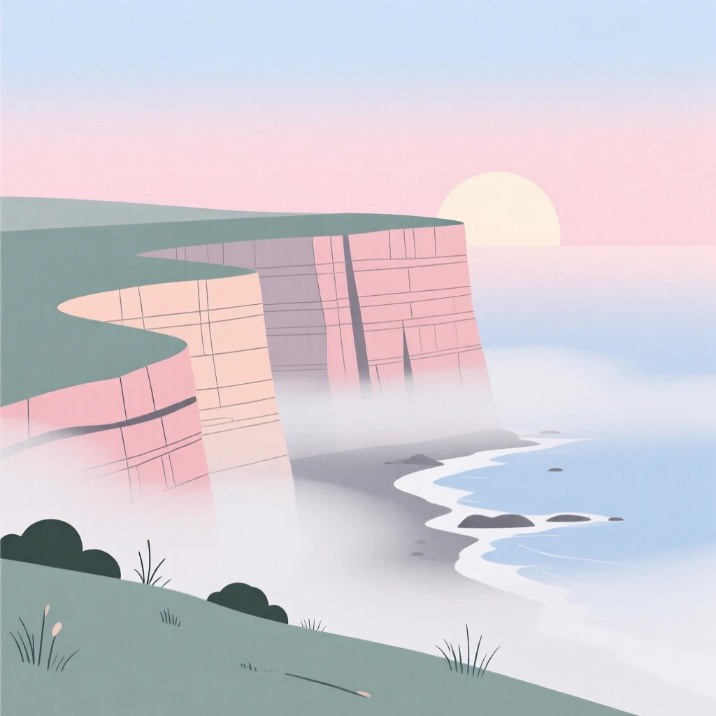 A misty coastal cliff at sunrise with soft light filtering through the layered rock formations.