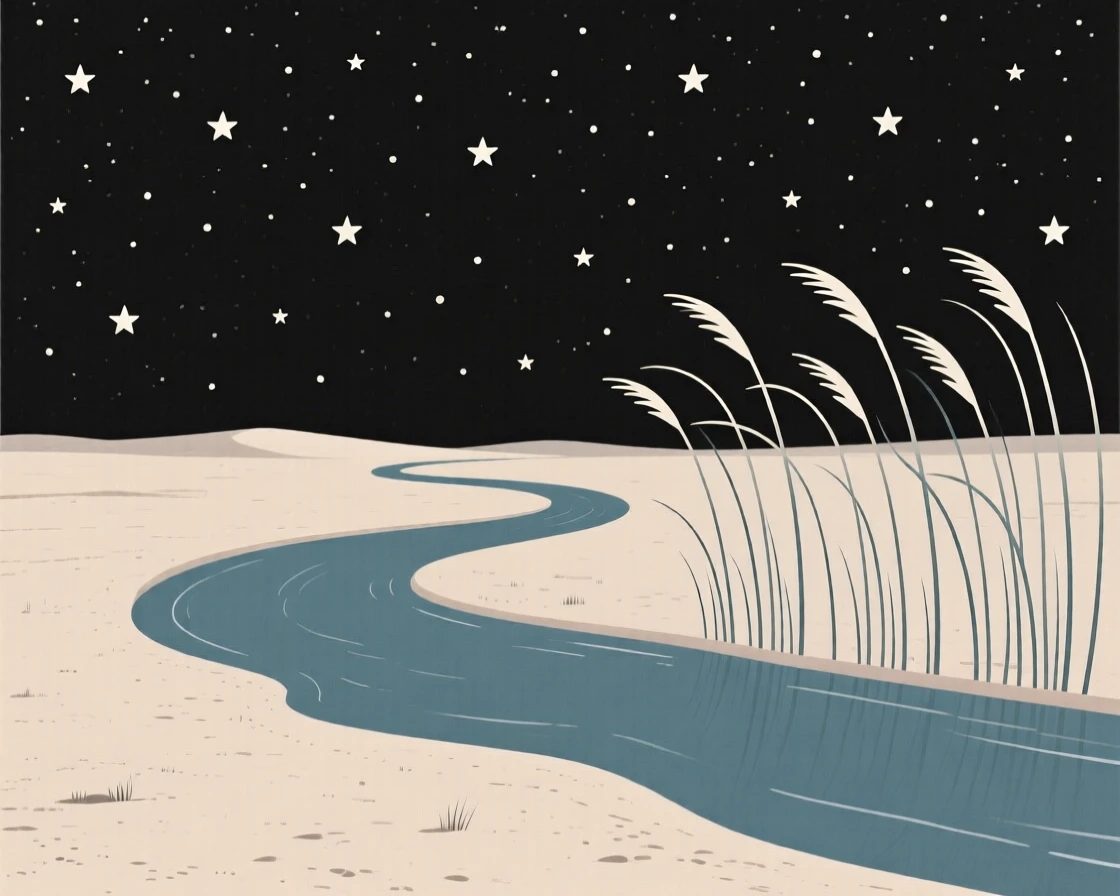 A starlit desert, quiet and still, cradles a winding river resting beside tall grass bending in the wind, capturing a feeling of untouched wilderness.