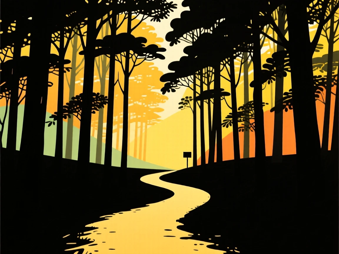 A narrow path winding through a dense, sunlit forest.