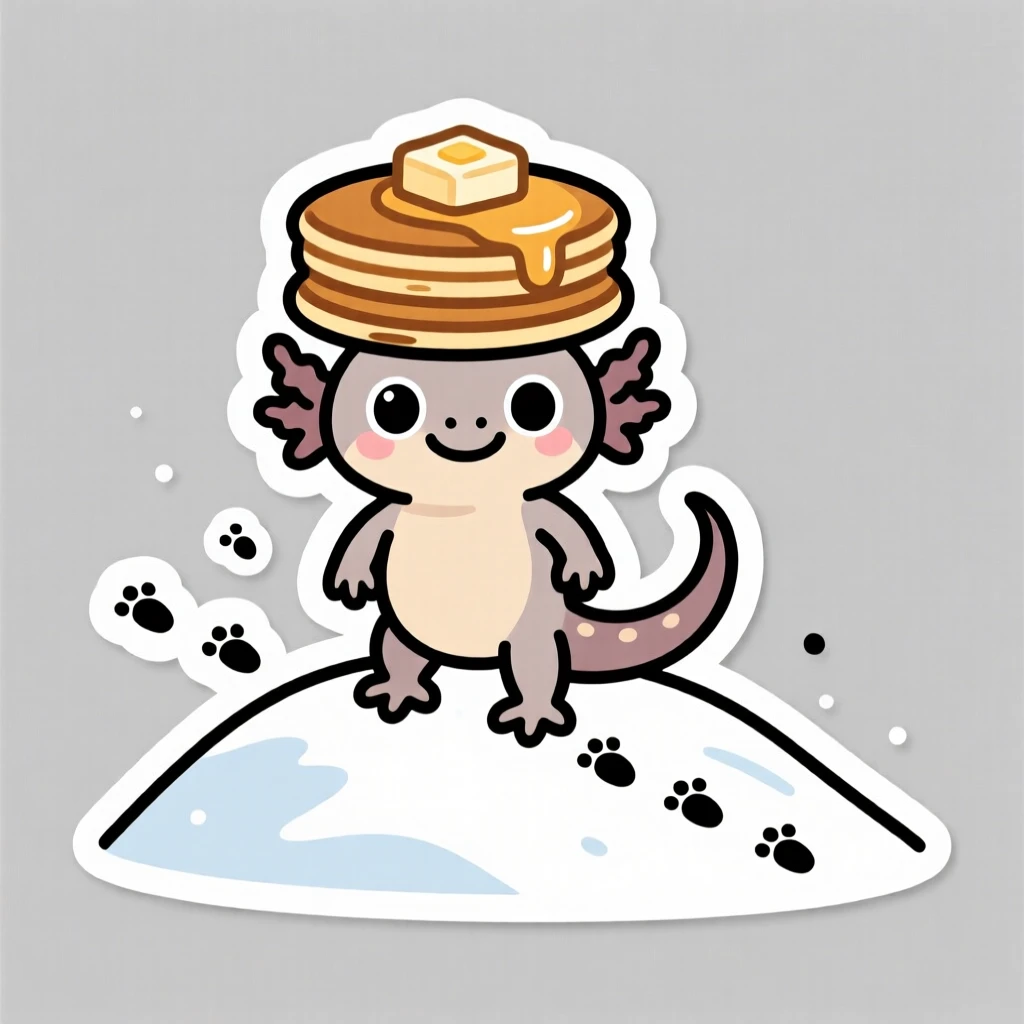 A sweet-faced tiny axolotl balancing a stack of pancakes on its head, on a snowy hill with tiny footprints trailing behind.