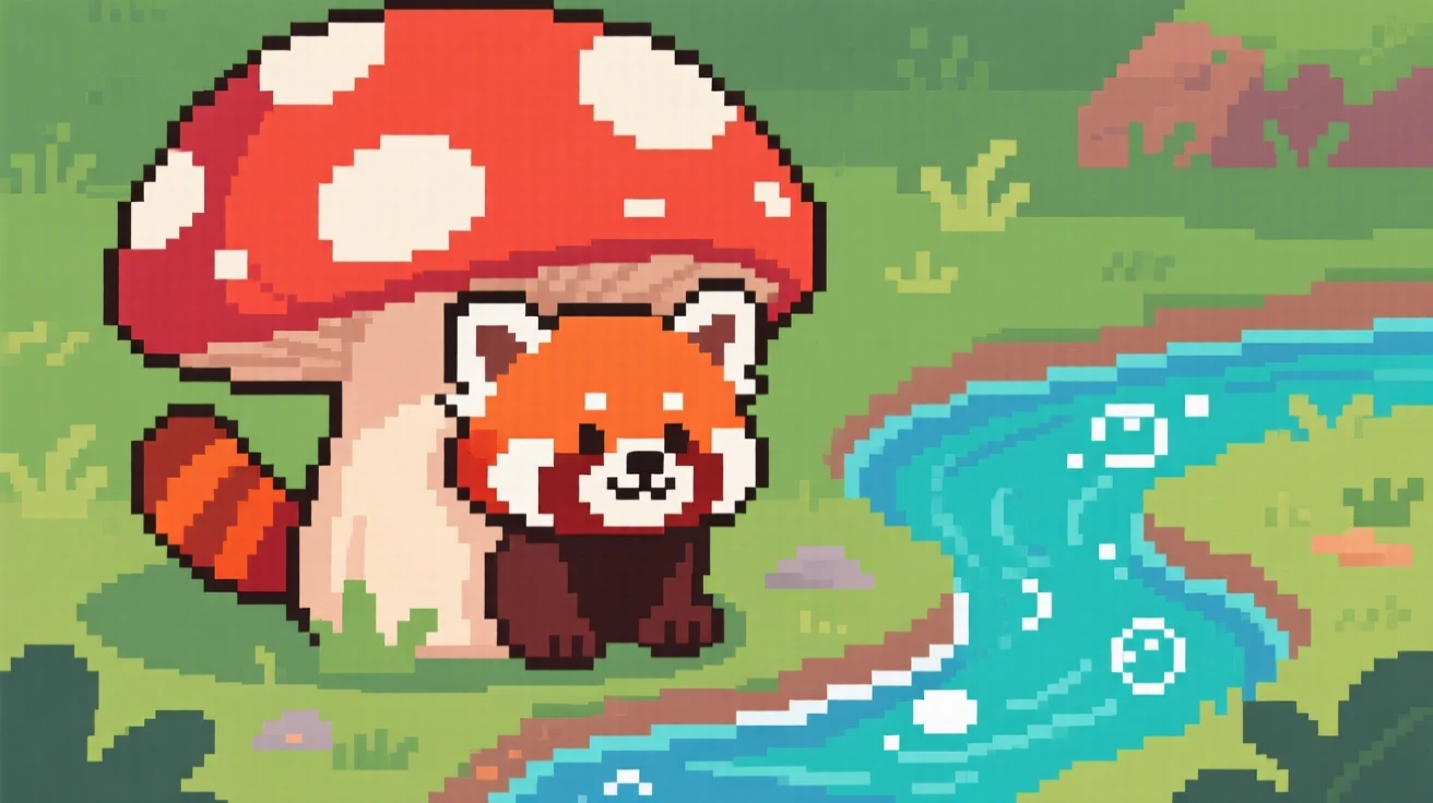 A young red panda peeking out from under a mushroom cap, beside a bubbling woodland stream.