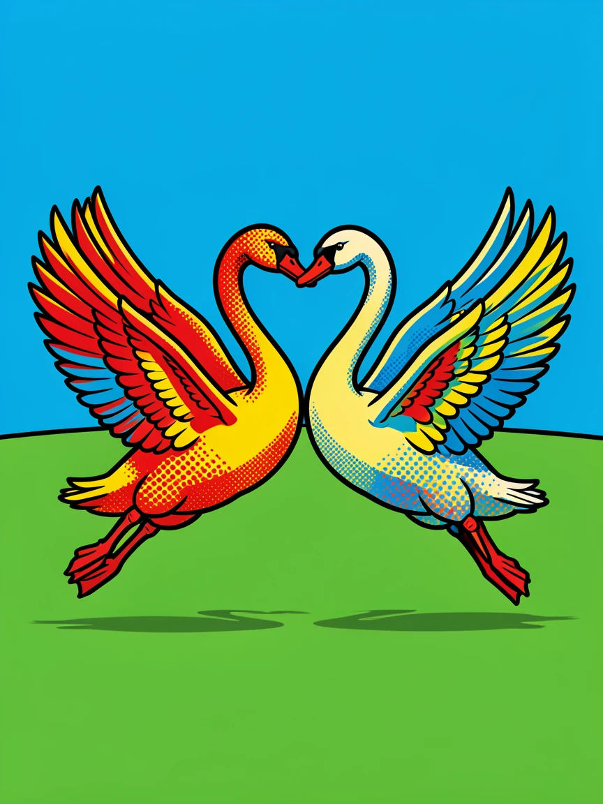 Two swans forming a heart shape bounding playfully across an open field