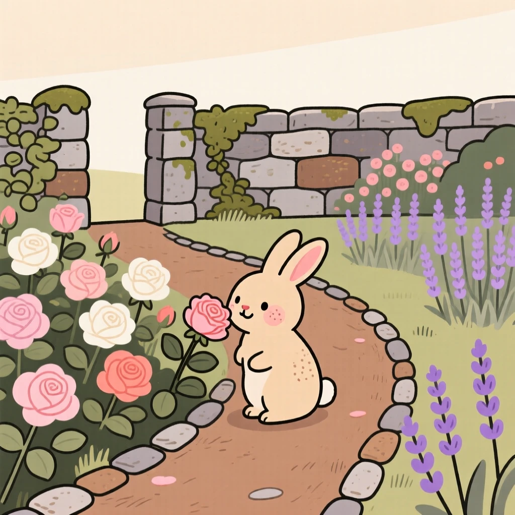 A winding path leads through a walled English garden bursting with roses and lavender, where a small rabbit pauses among the blooms.