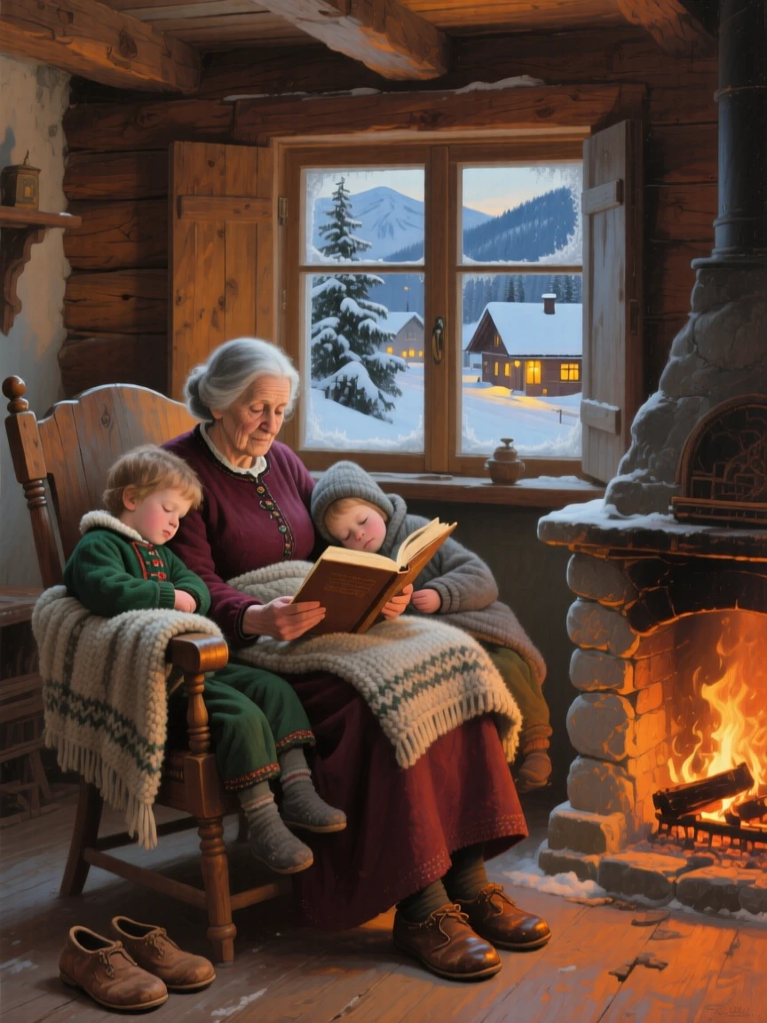 A medium shot of a grandmother reading a bedtime story to two sleepy children, in a Bavarian mountain town, in deep winter.
