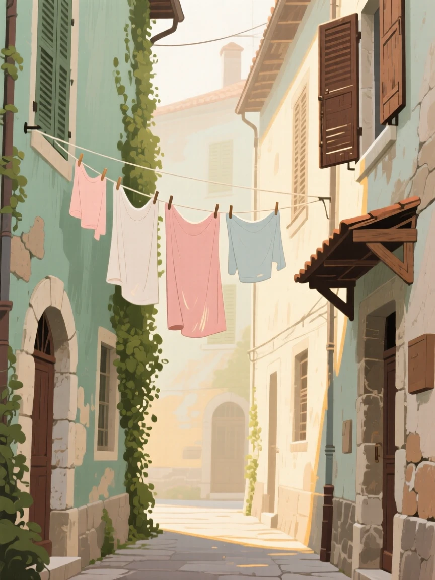 A narrow alley with hanging laundry strung between old stone buildings