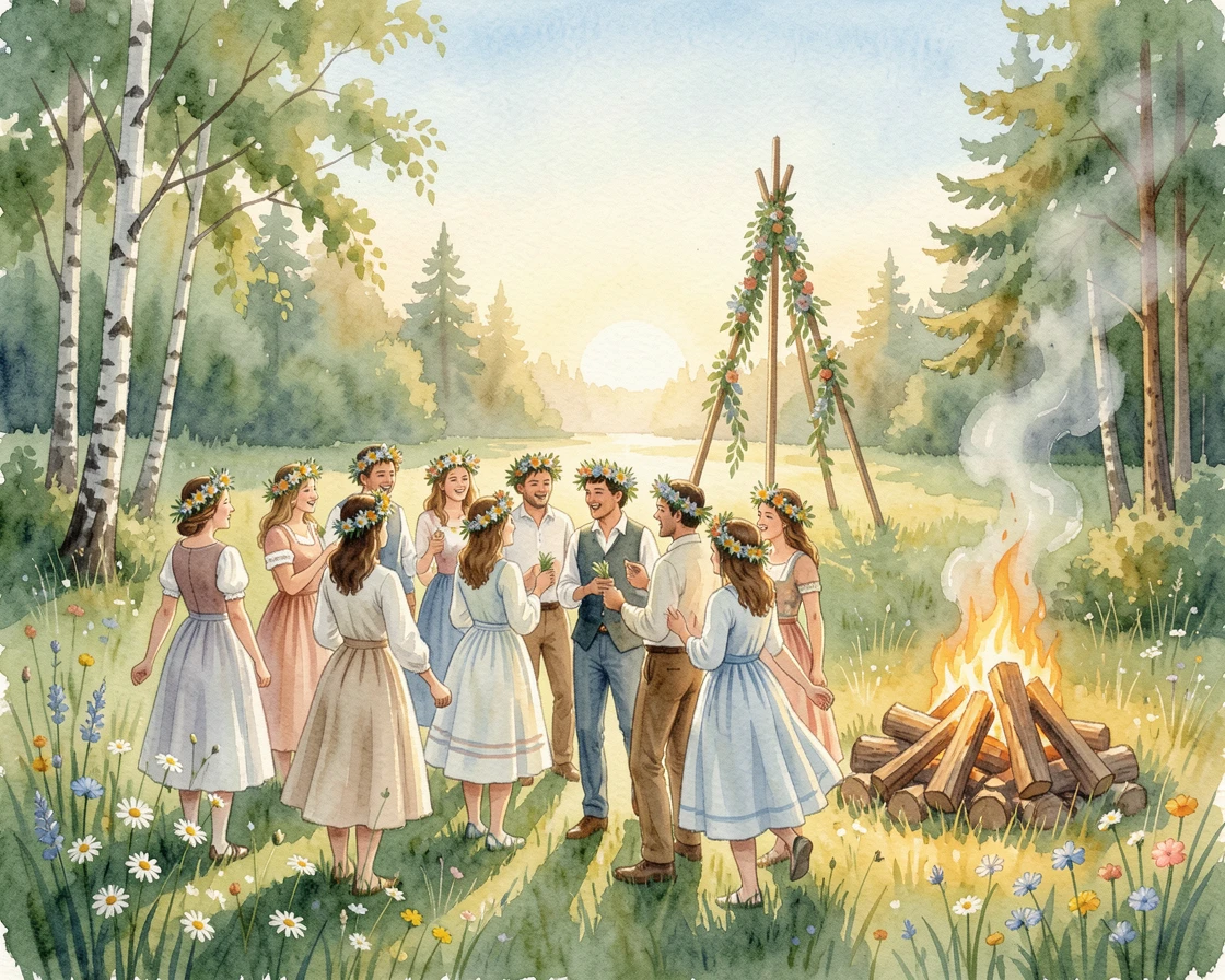 A traditional Nordic midsummer celebration with flower crowns as the community gathers together in celebration.
