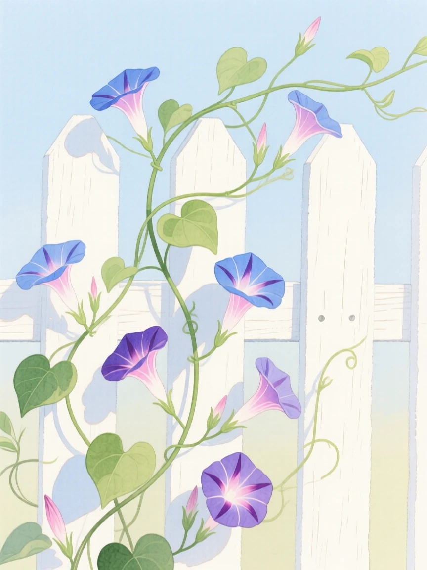 A trailing vine of morning glories climbs a white picket fence, blossoms opening to greet the early sun
