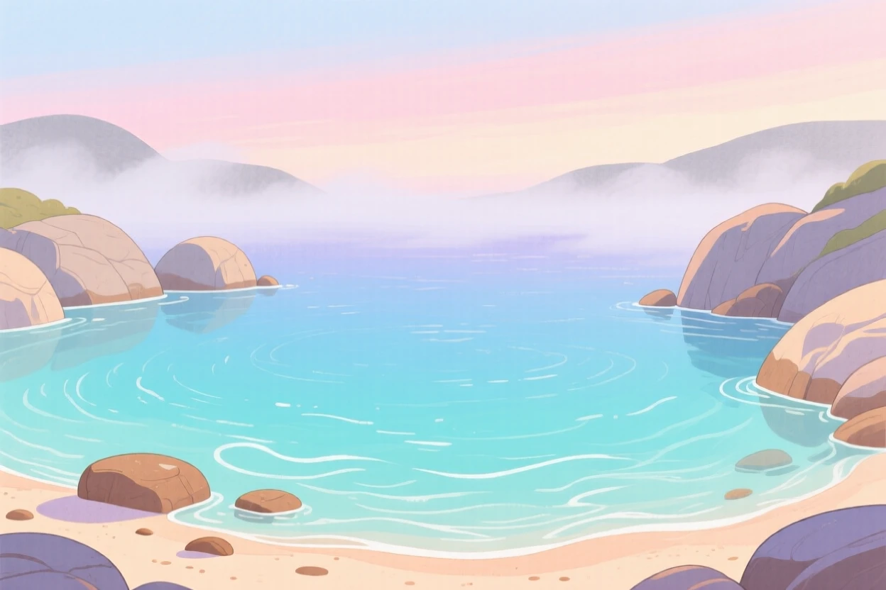 A secluded cove with crystal-clear water, peaceful and vast, under a soft blanket of fog.