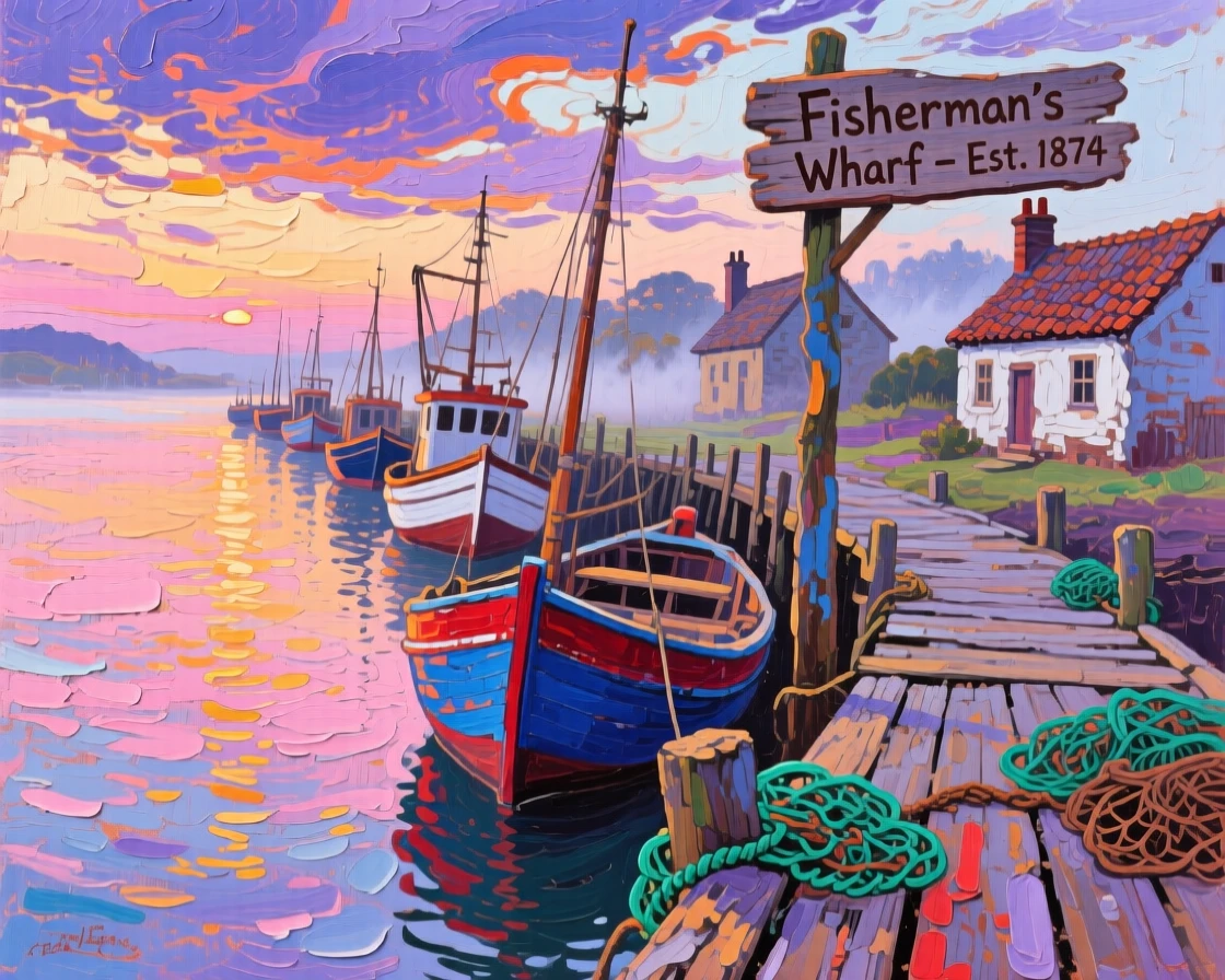 a row of fishing boats returning to a village pier, at dawn, composed along a natural leading line.