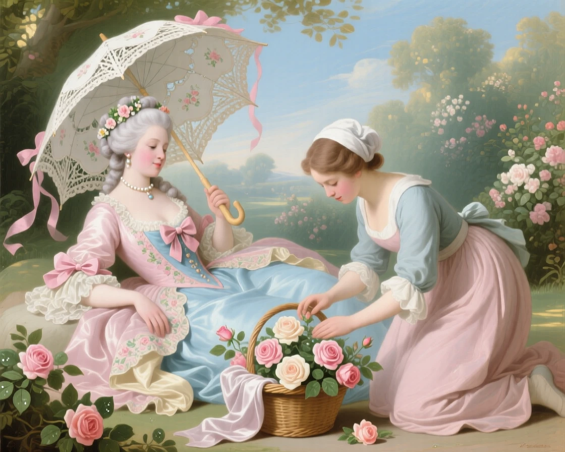 A noblewoman resting beneath a parasol while her maid arranges roses in a basket  
