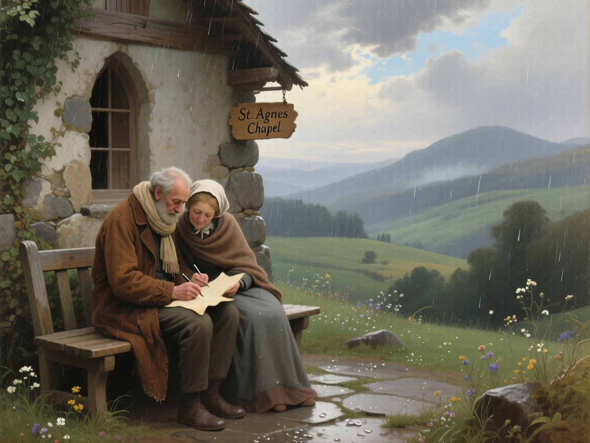 An old couple write love letters beside a country chapel as rain falls softly around them.