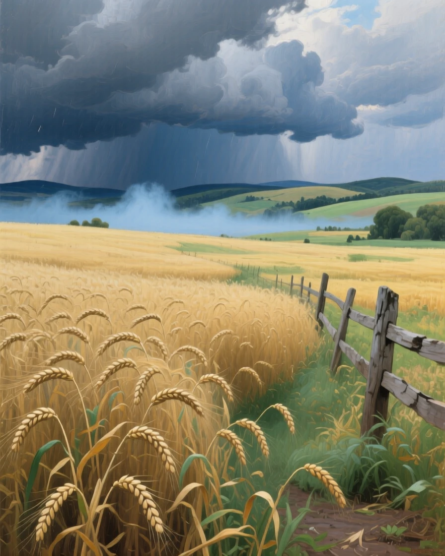 A wheat field swaying beneath an approaching summer thunderstorm, as a soft blue mist settles over the lower elevations, designed to feel like a window into another world