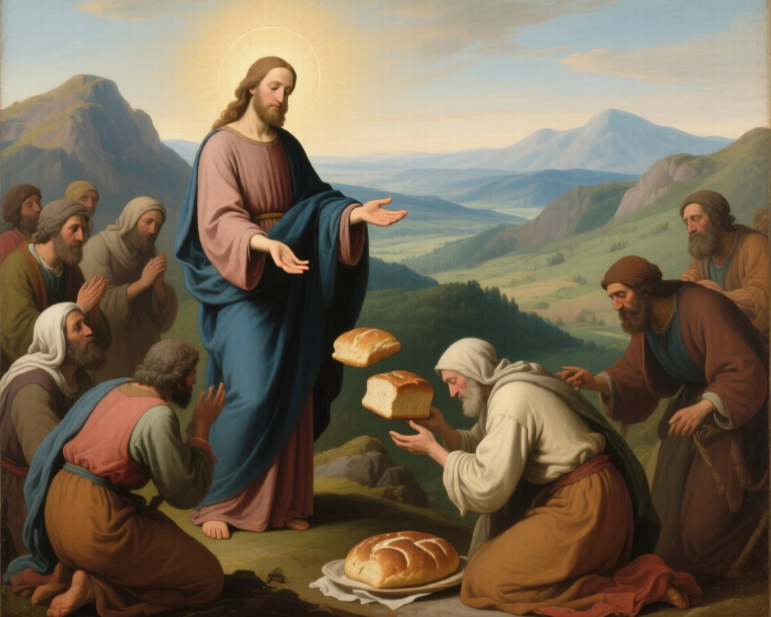 A saint offering bread to a gathering of the poor and hungry as light seems to answer a silent prayer, set atop a remote mountain overlooking an endless valley, with open hands extended in a gesture of blessing or gratitude; the composition places the central figure within a halo of natural light, radiating compassion, faith, and gentle hope.