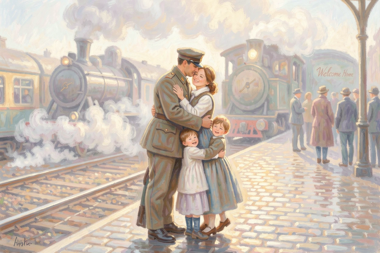 A soldier reunited with his family, embracing them tightly on a train platform filled with steam and light.