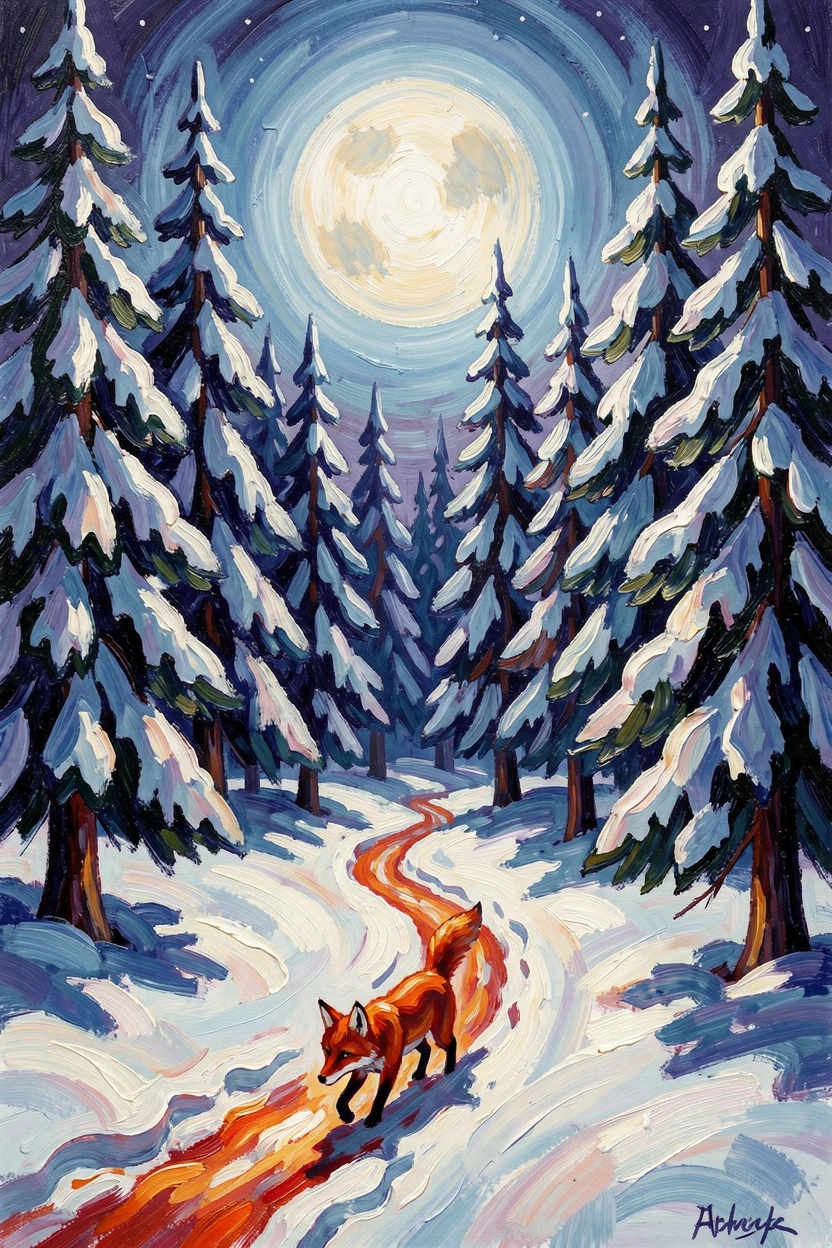 A snow-dusted pine forest under a pale moon, a fox trail crossing the untouched snow.