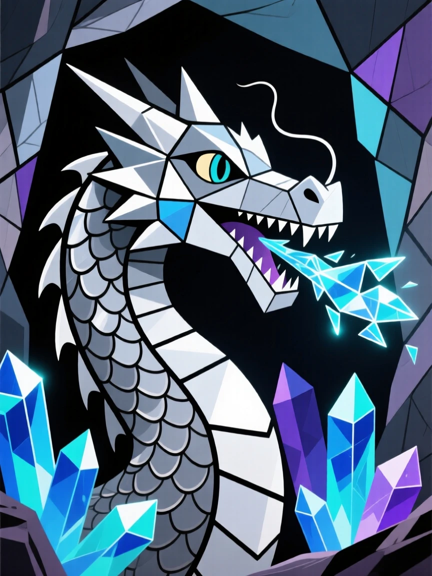 A magical scene of a silver dragon within a cavern of glowing crystals.