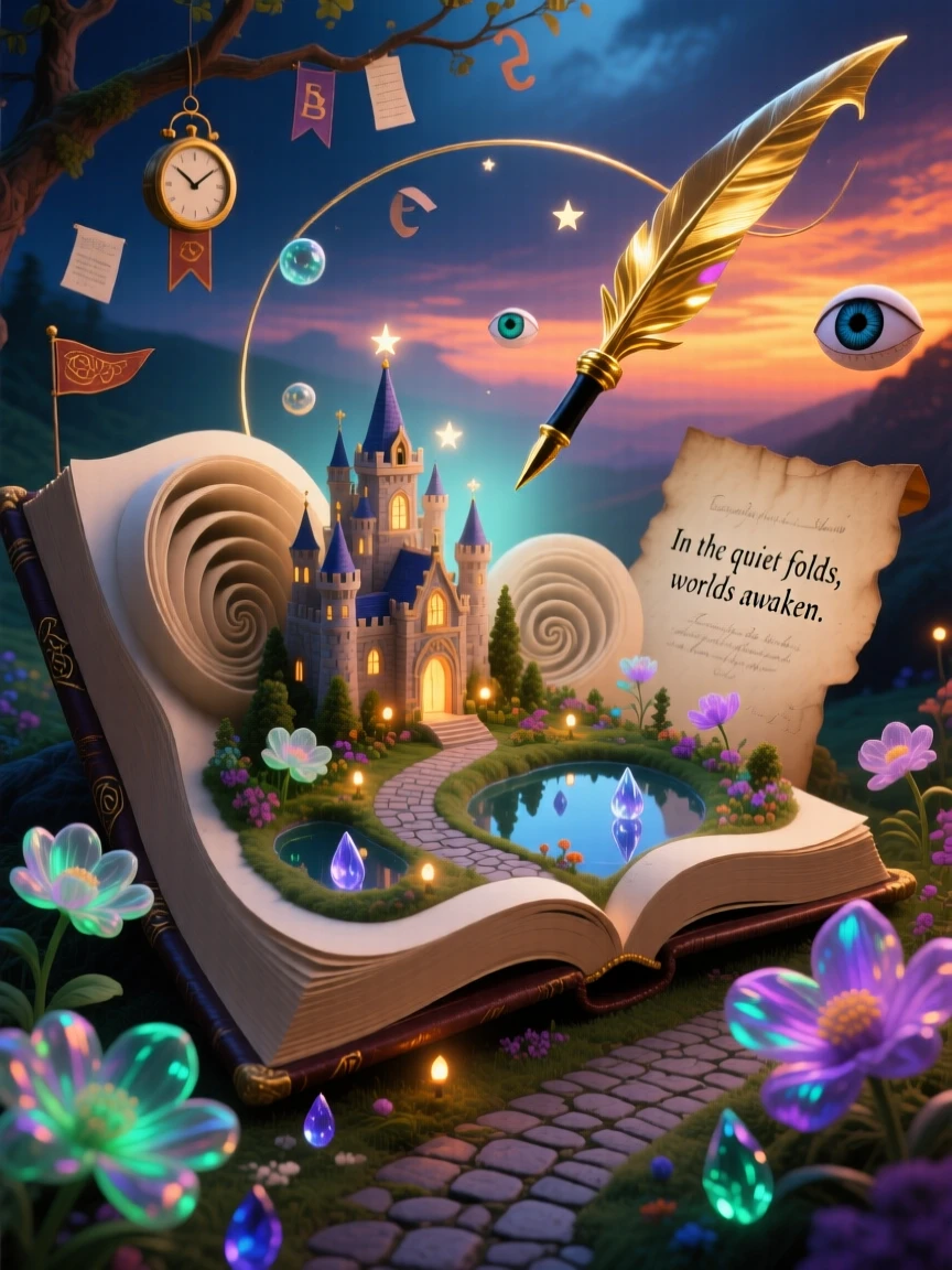 A small kingdom nestled inside the folds of an open book glows faintly from within, unnoticed by the world outside, as tiny lights flicker like distant, faraway stars.