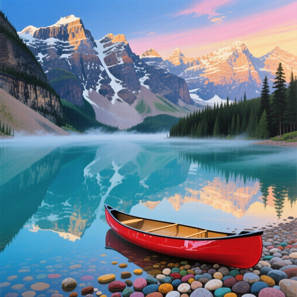 A perfectly still alpine lake in Banff mirrors the surrounding snow-capped peaks at dawn, a lone red canoe resting on the pebbled shore, mist rising gently off the turquoise water.