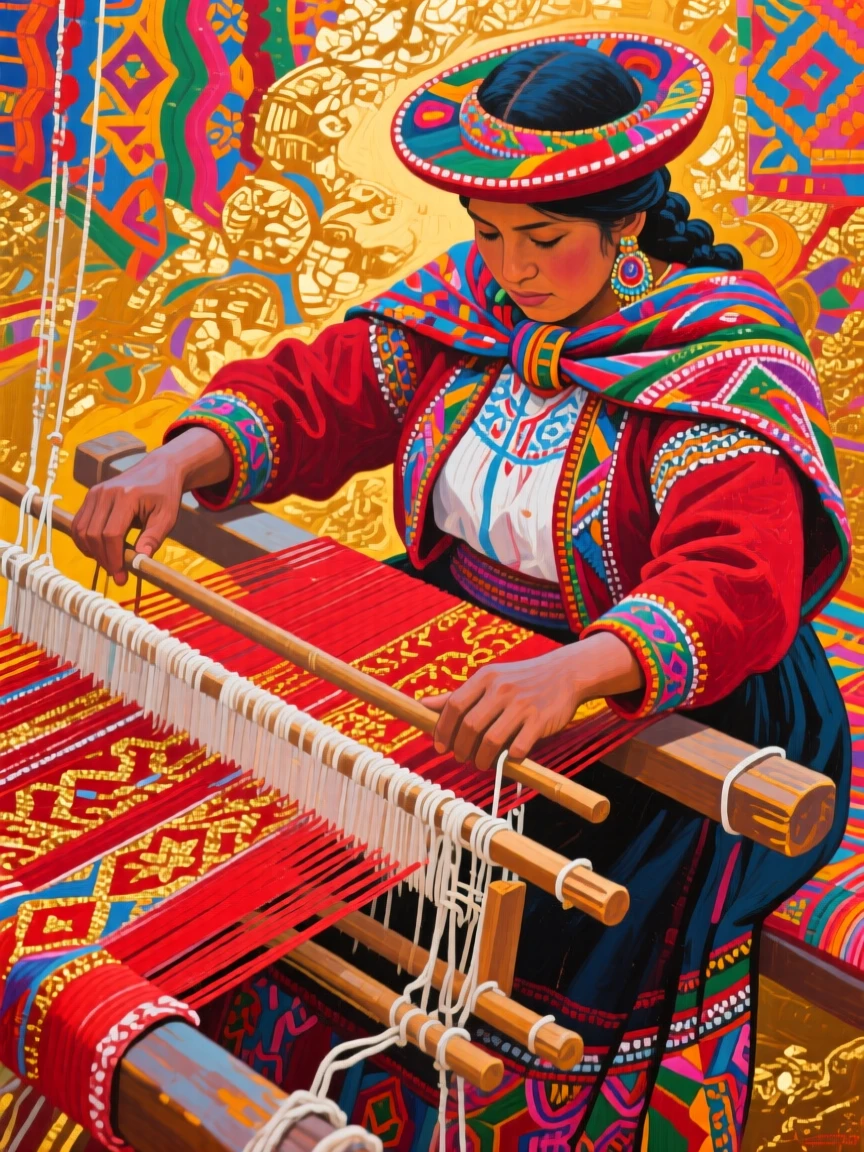 A traditional Peruvian weaver working a handloom, brilliant threads of red and gold forming intricate patterns