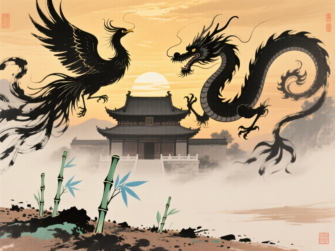 A phoenix and dragon circling above a temple bathed in golden light, as new bamboo shoots break through the soil, in the last golden light of day, imbued with timeless calm.